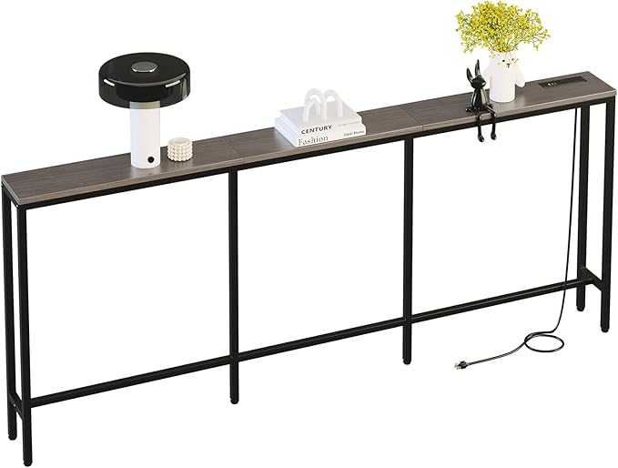 78.7" Behind Couch Table with Fast Charging Station, 7.1" Narrow Skinny Sofa Table with 2 Power Outlets, 2 USB-A, USB-C for Console Entryway, Black Oak