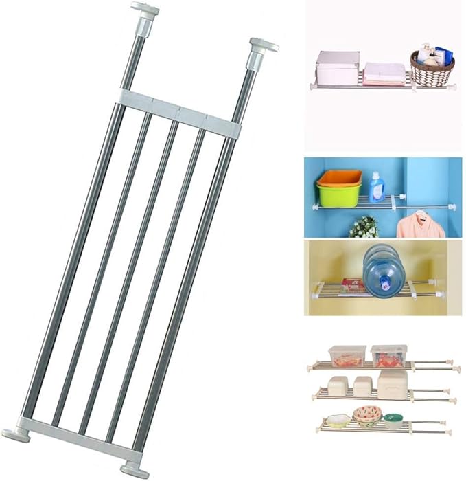 BAOYOUNI Expandable Closet Tension Shelf Rod Organizer Adjustable Storage Rack Heavy Duty Clothes Hanger Metal Space Saving Divider for Bathroom Kitchen Cupboard Wardrobe Bookshelf 32''-46'', Ivory