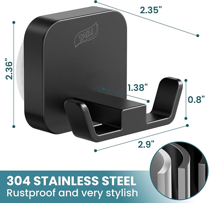 TAILI Patented Strong Suction Cup Hook, 304 Stainless Steel Bathroom Suction Cup Holder for Towel, Loofah, Bathrobe, Damage-Free Hanging Shower Wall Hook, Double-Hook Widening Design, 2 Pack, Black