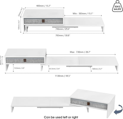 Fenge Computer Monitor Riser Stand with Drawer for 2 or 3 Monitors ,Adjustable Length and Angle Desktop Laptop Stand,Office Organizer,Printer,White