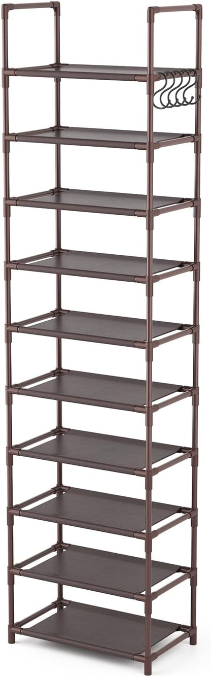 10 Tiers Tall Shoe Rack 20-25 Pairs Boots Organizer Storage Sturdy Narrow Shoe Shelf for Entryway, Closets with Hooks, Brown