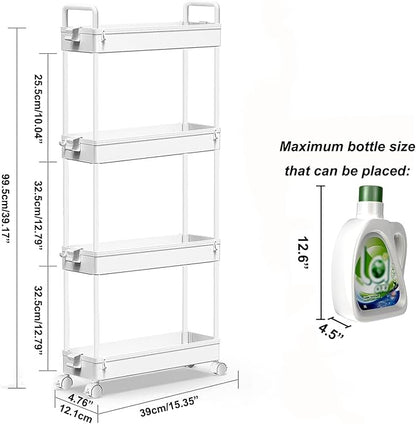 SOLEJAZZ Slim Rolling Storage Cart with Wheels 4 Tier Skinny Bathroom Storage Organizer Narrow Shelf Unit Thin Laundry Room Utility Cart for Bedside Kitchen Office Next to Fridge Small Places, White