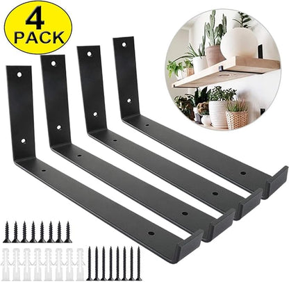 Shelf Brackets 12 Inch 4PCS Heavy Duty Frosted Black Wall Bracket with Lip for Floating Shelves Rustic Iron Metal Shelf Bracket for DIY Open Shelving Hardware Included