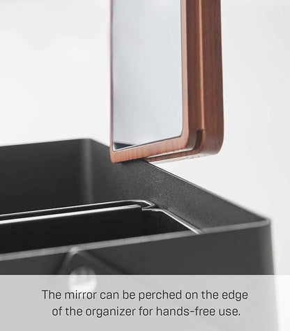 YAMAZAKI Home Tower Large Makeup Organizer Cosmetic Caddy With Handle Vanity Storage Drawer With Lid - Steel + Wood