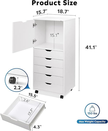 DEVAISE Wood File Drawers, Mobile Chest with 5 Drawer and 1 Door, Rolling Filing Drawer for Home Office, White