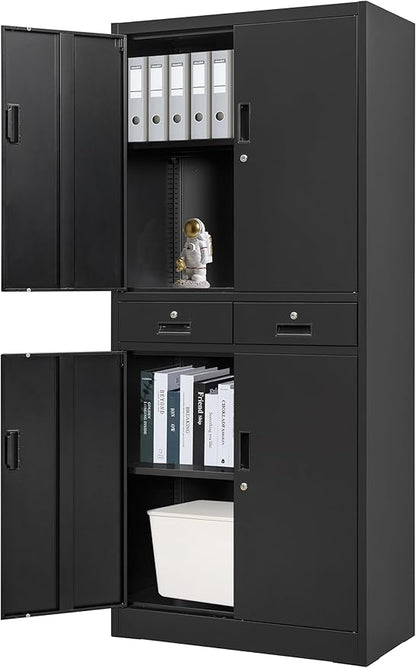CMY Metal Storage Cabinet, 71" H x 32" W x 16" D Locking Storage Cabinet with Adjustable Shelves and 2 Drawers, Steel Cabinets for Office, Garage, Home, School, Utility Room(Black)