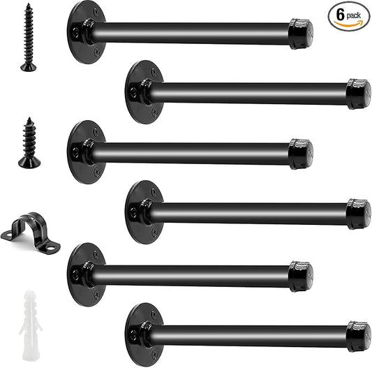 6 Pack Pipe Shelf Brackets 8 Inch, Industrial Iron Pipe Floating Shelves Bracket Heavy Duty Metal Shelving Brackets for DIY Shelves