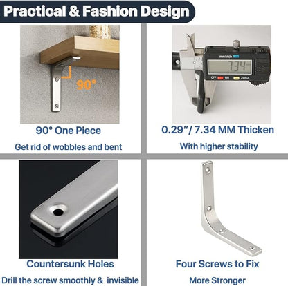 SAYAYO Heavy Duty Floating Shelf Bracket 4 Inch x 4 Inch, Stainless Steel Wall Shelf Brackets & Supports Brushed Nickel L Bracket, Angle Brackets Corner Brace for Wood, 4Pcs