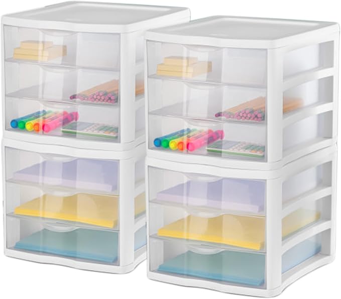 STERILITE 3 Drawer Desktop Storage Unit, Tabletop Organizer for Desk, Countertop at Home, Office, Bathroom, White with Clear Drawers, (Pack of 4)