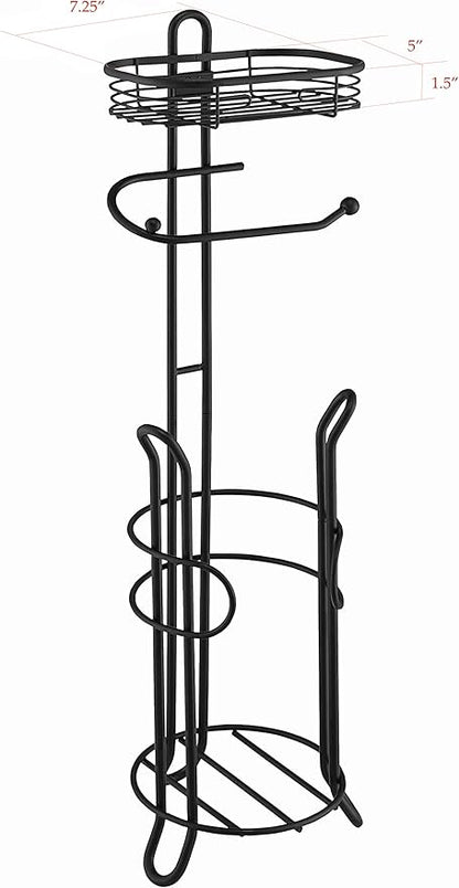 SunnyPoint Bathroom Heavyweight Toilet Tissue Paper Roll Storage Holder Stand with Reserve and Shelve, The Reserve Area Has Enough Space to Store Mega Rolls. (Black)