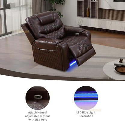 Living Room Sofa Set, Brown Breathing Leather Power Recliner Sofa Couches, Living Room Furniture Sets Power Recliner Chair with Cup Holder/LED Light/USB Port for Apartment, Office, Rv Car