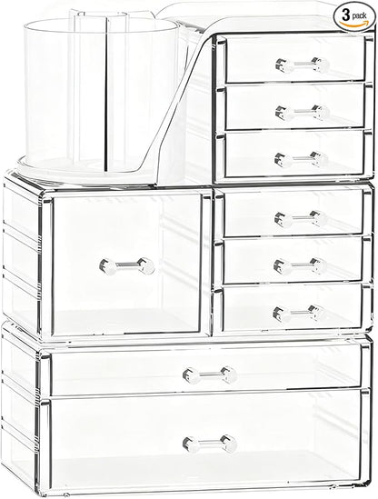 ShineMe Clear Makeup Organizer with 9 Drawers, 3 Tier Stackable Makeup Storage Organizer with Rotating Brush Holder, Acrylic Countertop Makeup Organizer for Vanity Skincare Jewelry Hair Accessories