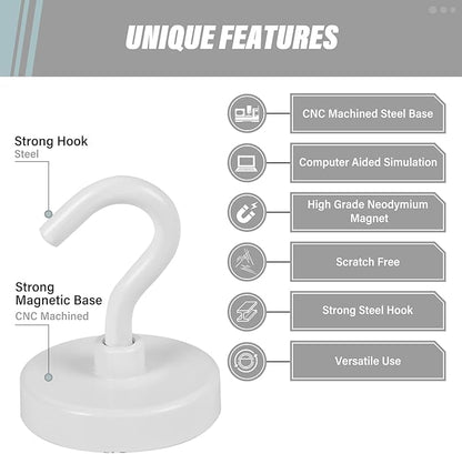 Neosmuk Magnetic Hooks, Heavy Duty 130lb+ Strong Magnet Hook for Cruise Cabins, Cruise Ship Essentials for Hanging, Metal Wall Refrigerator Hangers (White, 10 Pack)