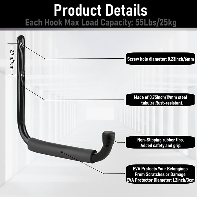 Heavy Duty Steel Garage Storage Hooks, 9.5Inches Jumbo Arm Ladders Utility Rack, Wall Mounted Hanger Organizer for Tools, Bikes, Jeep Door