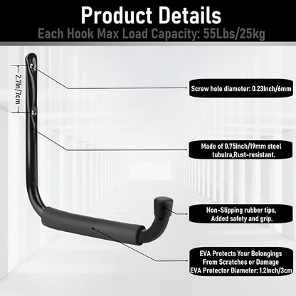 Heavy Duty Steel Garage Storage Hooks, 9.5Inches Jumbo Arm Ladders Utility Rack, Wall Mounted Hanger Organizer for Tools, Bikes, Jeep Door