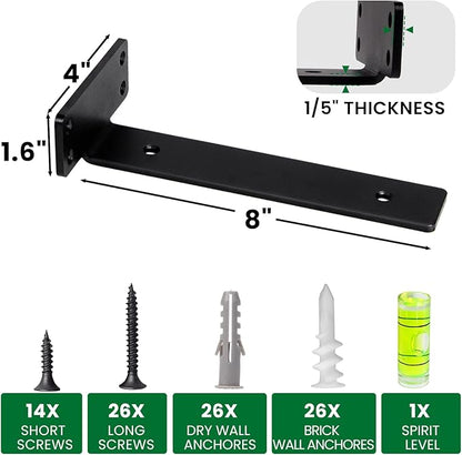 CONNOO 6 Pack Heavy Duty Thick Shelf L Brackets, 8 Inch Floating Hidden Shelf T Brackets, Metal Black L Brackets for Shelves Support DIY, Modern Iron Finish(1/5")