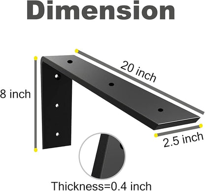 WINKER Countertop Support Bracket 6 Pack Heavy Duty 3/8" Thick Hidden L Shelf Bracket 20" x 8" x 2.5" Metal Corbels for Quartz/Granite/Wood/Concrete/Laminate Countertops, Black (6 Hole)