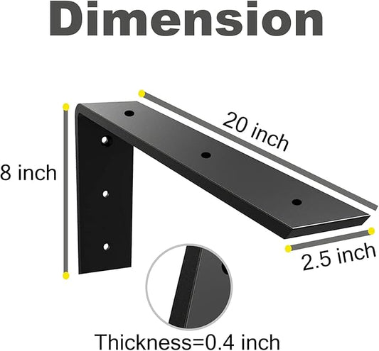 WINKER Countertop Support Bracket 6 Pack Heavy Duty 3/8" Thick Hidden L Shelf Bracket 20" x 8" x 2.5" Metal Corbels for Quartz/Granite/Wood/Concrete/Laminate Countertops, Black (6 Hole)