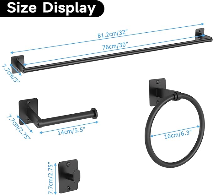 4 Pieces Bathroom Hardware Set, 32 inch Towel Bar, Matte Black Bathroom Accessories Set, Towel Racks for Bathroom, Robe Towel Hooks, Toilet Paper Holder Wall Mounted