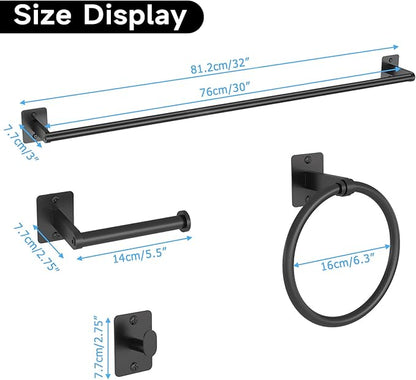 4 Pieces Bathroom Hardware Set, 32 inch Towel Bar, Matte Black Bathroom Accessories Set, Towel Racks for Bathroom, Robe Towel Hooks, Toilet Paper Holder Wall Mounted