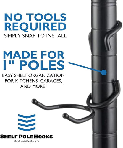 Shelf Pole Hooks | 5-Pack Black C & Utility Hooks | Snap-On Hanging Hooks for 1" Wire, Metal & Metro Shelving | Heavy Duty Garage, Pantry, Basement & Workshop Storage Hooks