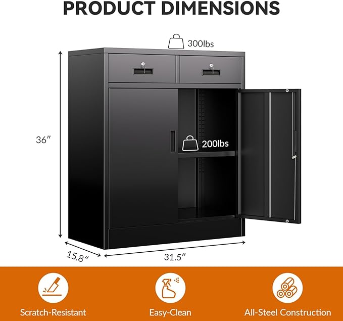 BESFUR Metal Storage Cabinet, Garage Storage Cabinet with 2 Drawers and Adjustable Shelf, Locking Short Storage Cabinet for Office Garage Home, Black Metal Cabinets(36" H x 31.5" W x 16" D)