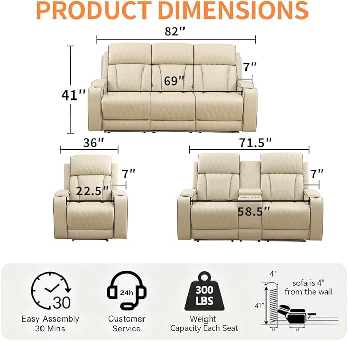 Power Recliner Sofa Set, Leather Reclining Couch Furniture Set for Living Room, Includes 1 Recliner Chair, 1 Loveseat Sofa and One 3-Seater Reclining Couch, 3PCS Power Recling Couch Sets