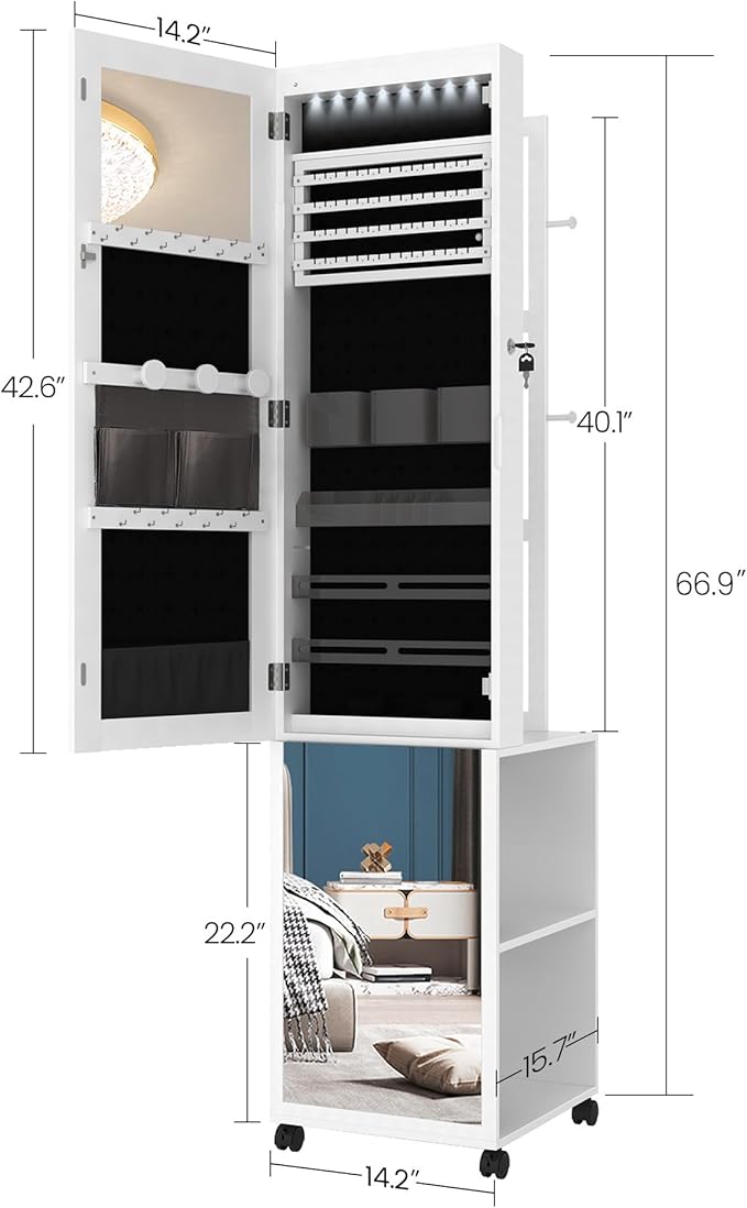 8 LEDs Jewelry Cabinet Armoire, 66.9-inch Jewelry Organizer with Garment Rack, Lockable Full-length Mirror with 4 Wheels, Storage Shelves with Hooks, 5-in-1, White and Beige JC17003B