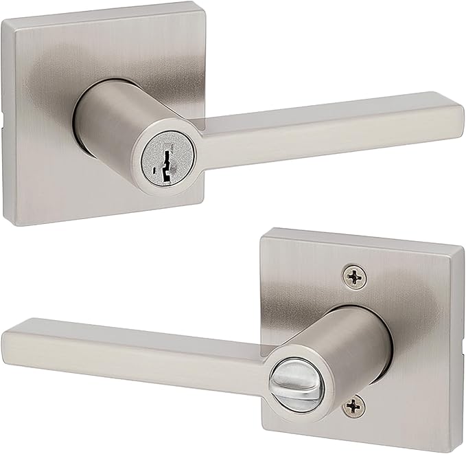 Kwikset Halifax Entry Door Handle with Lock and Key, Secure Keyed Reversible Lever Exterior, For Front Entrance and Bedrooms, Satin Nickel, Pick Resistant Smartkey Rekey Security and Microban