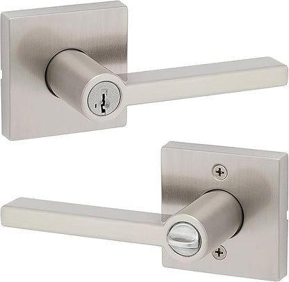 Kwikset Halifax Entry Door Handle with Lock and Key, Secure Keyed Reversible Lever Exterior, For Front Entrance and Bedrooms, Satin Nickel, Pick Resistant Smartkey Rekey Security and Microban