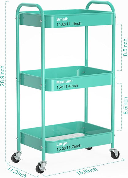 3-Tier Rolling Metal Storage Cart with Wheels, Multi-Functional Organizer for Office, Kitchen, Bathroom, Books Diapers - Easy Assembly (Blue)