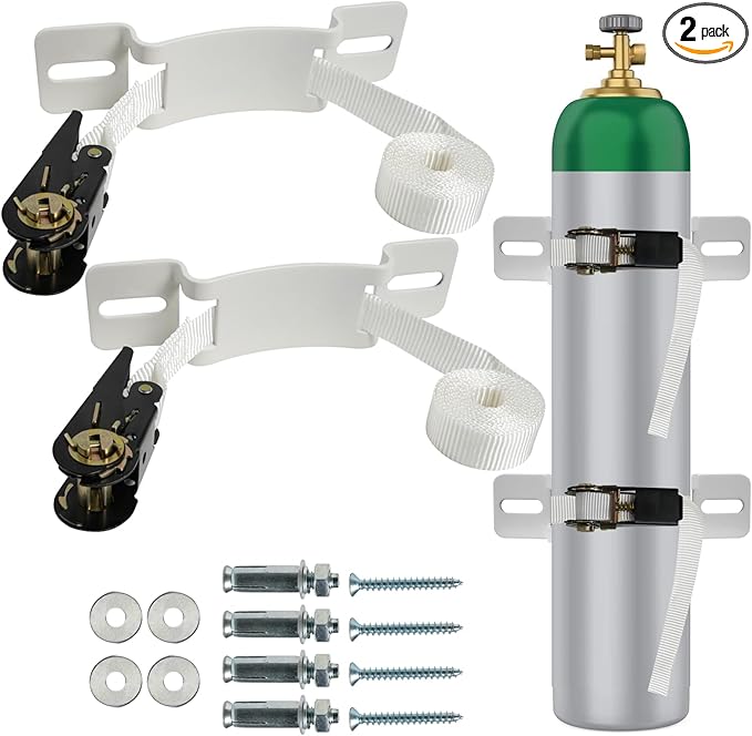 2PCS Propane Tank Bracket Cylinder Wall Mounted Brackets, with 6.6ft Ratchet Straps, Steel Gas Cylinder Holder, Heavy Duty Nitrogen Tank Holder (White)