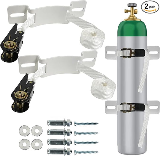 2PCS Propane Tank Bracket Cylinder Wall Mounted Brackets, with 6.6ft Ratchet Straps, Steel Gas Cylinder Holder, Heavy Duty Nitrogen Tank Holder (White)