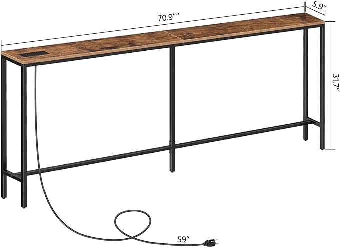 Skinny Console Table with Power Outlets, 70.9" Narrow Sofa Table, Behind Couch Table with Charging Station, Sofa Hallway Table for Plants, Living Room CTHR185E01