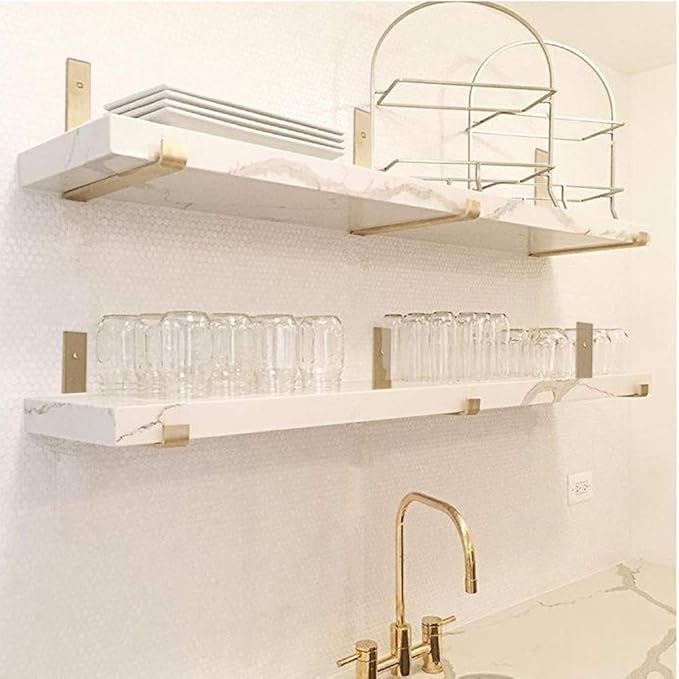 Shelf Brackets 12 Inch 4PCS Heavy Duty Gold Wall Bracket with Lip for Floating Shelves Rustic Iron Metal Shelf Bracket for DIY Open Shelving Hardware Included