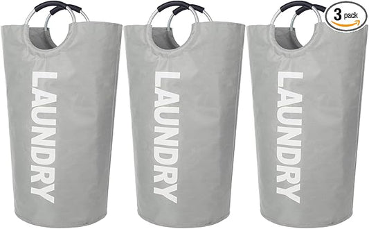 3 Pack 90L Laundry Baskets, Waterproof Hamper with Foam Protected Aluminum Handles - Light Grey