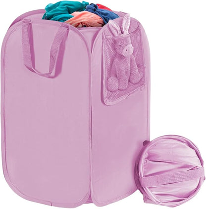Polyester Strong Mesh Pop-up Laundry Hamper, Quality Pop Up Hampers for Laundry with Durable Handles Solid Bottom High Carbon Steel Frame, Easy to Open and Fold Flat for Storage(Light Pink)