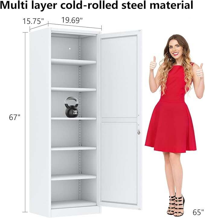 Metal Storage Cabinet with Lock and 5 Adjustable Shelves, Steel File Cabinets, Kitchen Pantry Cabinet Locker Organizer - 67" Tall Storage Cabinets for Kitchen,Bathroom,Bedroom,Office,White