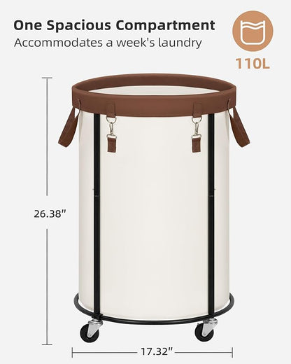 STORAGE MANIAC Rolling Laundry Hamper with Wheels 110L Laundry Basket, Round Laundry Cart with Metal Frame and Removable Bag, Clothes Hamper for Bedroom, Bathroom, Dorm Room, Laundry Room, Beige