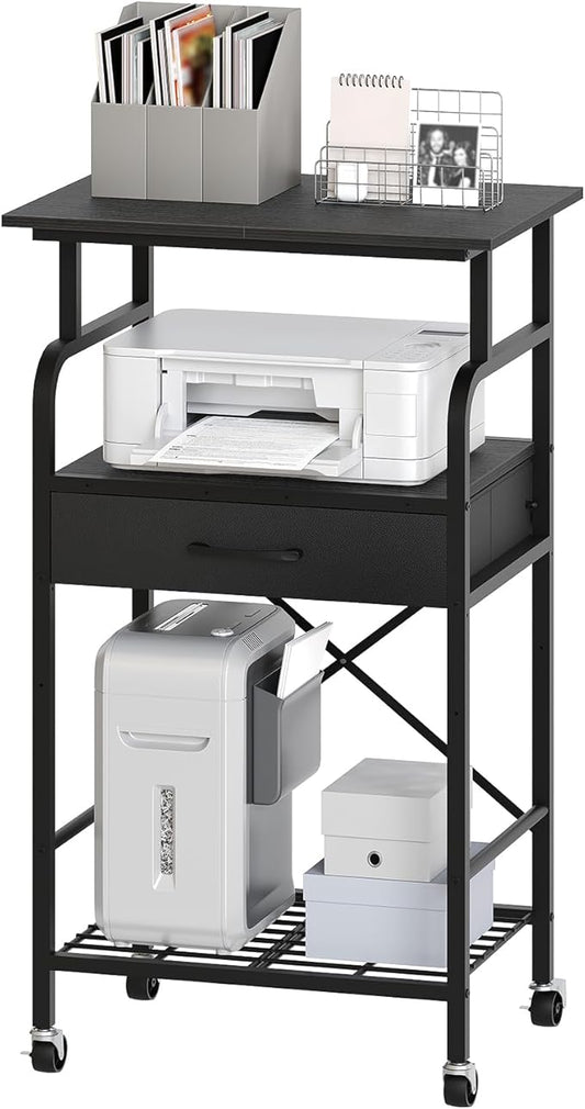 Tall Printer Stand, 3 Tier Printer Cart with Storage, Industrial Printer Table on Wheels, Adjustable Shelf & Fabric Drawer, for Home Office Study Black PTBK5501