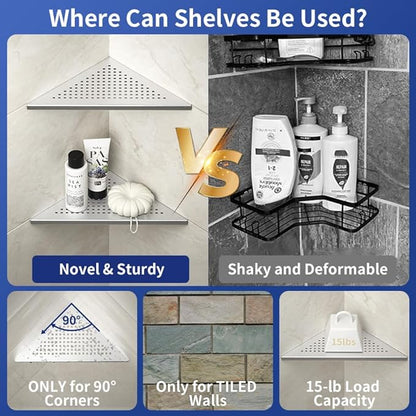 Corner Shower Shelves, 10" Brushed 304 Stainless Steel Recessed Shelf for Bathroom, Grout in Shelf for Tiled Wall, 2 Pack