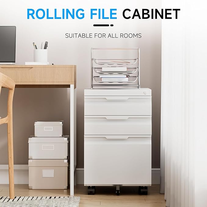 3 Drawer Mobile File Cabinet with Wheels, File Cabinet with Lock, Filing Cabinets for Home Office, Rolling Filing Cabinets Under Desk Storage for Letter/Legal/A4 Files