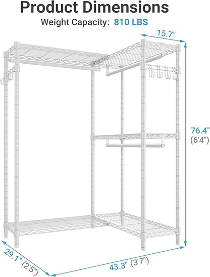 VIPEK L4 Garment Rack L Shaped Clothes Rack for Corner, Freestanding Portable Wardrobe Closet Heavy Duty Clothing Rack with 3 Hanging Rods & 2 Side Hooks, 43.3"Lx29.1"Wx76.4"H, Max Load 810LBS, White