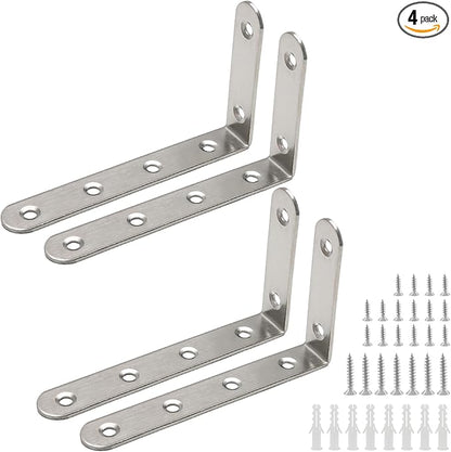 Luomorgo 4 Pcs L Shaped Brackets for Shelves, Heavy Duty Stainless Steel, Decorative Corner Brace Joint Right Angle Wall Hanging Bracket with Screws, 5 x 3 Inch, Silver
