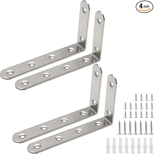Luomorgo 4 Pcs L Shaped Brackets for Shelves, Heavy Duty Stainless Steel, Decorative Corner Brace Joint Right Angle Wall Hanging Bracket with Screws, 5 x 3 Inch, Silver