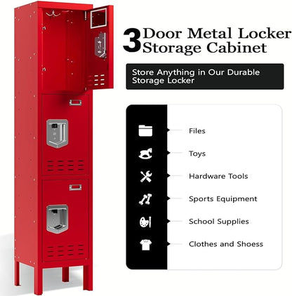 Metal Storage Locker with Lock & Card Slot Locker - Secure Lockable Door - Steel Locker for School, Office, Gym, Home - 66.15" H x 11.8" W x 11.8" D（3 Door, Red）