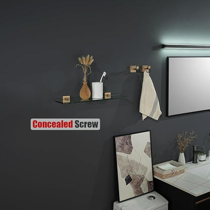 JQK Bathroom Glass Shelf, Floating Tempered Glass Shower Storage 20 by 5 inches, 304 Stainless Steel Champagne Bronze Wall Mount, TGS201L20-CB