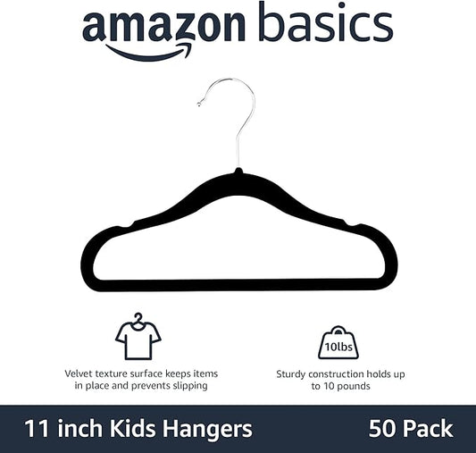 Amazon Basics Kids Velvet,Non-Slip Clothes Hangers for Infant and Toddler,11.6 in (for Baby Clothes),Black,50 Count (Pack of 4)