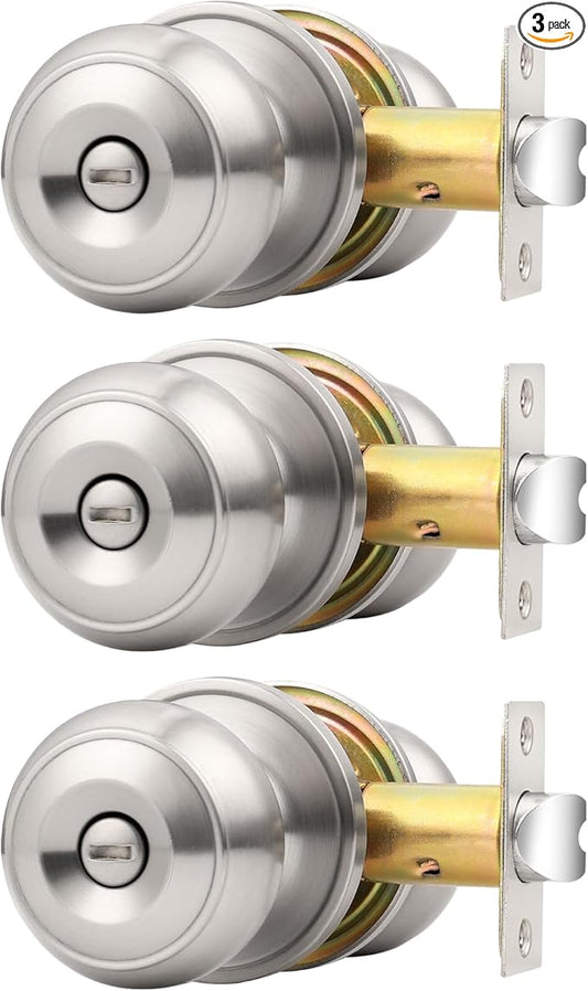 Probrico Brushed Nickel Door Knobs, Interior Door Knobs with Round Ball Knob, Nickel Privacy Door Knob for Bedroom Bathroom, 3 Pack