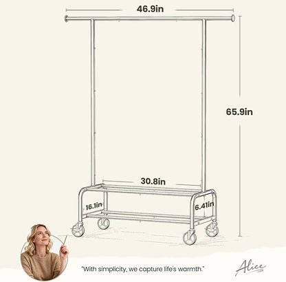 Clothes Rack for Hanging Clothes, Portable Clothing Rack with Wheels Sturdy Garment Organizer Metal Portable Wardrobe Closet with Double Shelves for Bedroom Laundry Living Room, Black